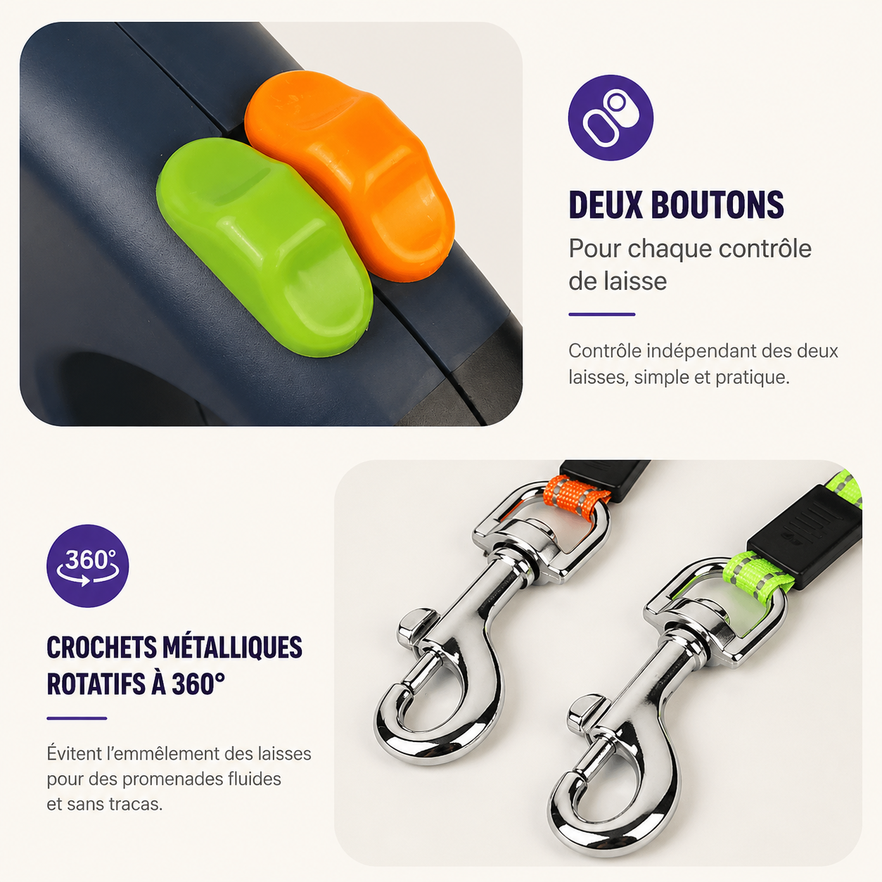 Laisse Double Rétractable Lumineuse pour Deux Chiens – Anti-Enchevêtrement