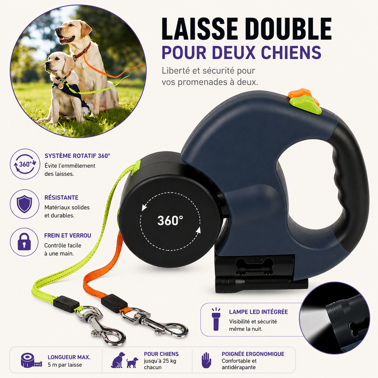 Laisse Double Rétractable Lumineuse pour Deux Chiens – Anti-Enchevêtrement