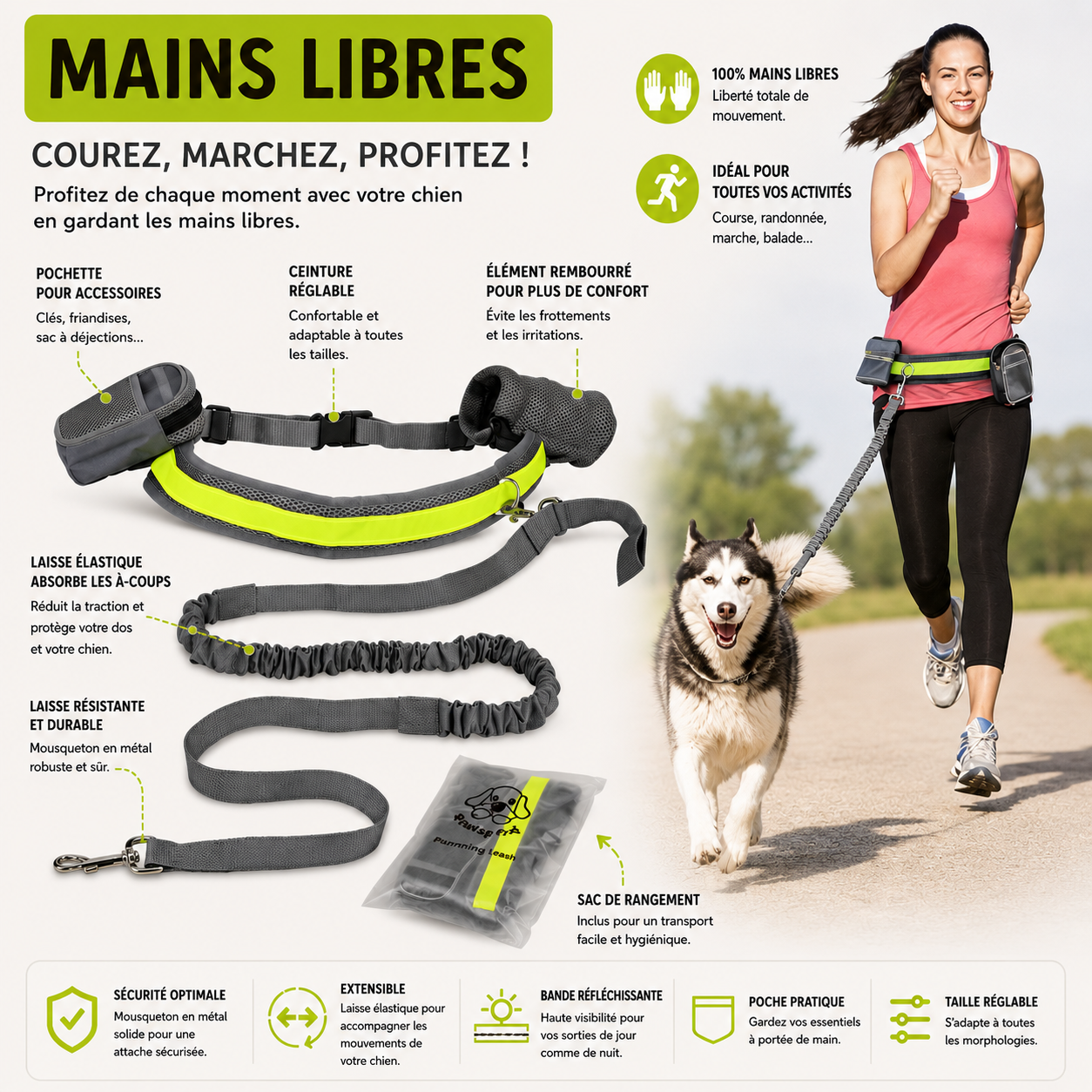 Laisse Mains Libres Réglable pour Chien