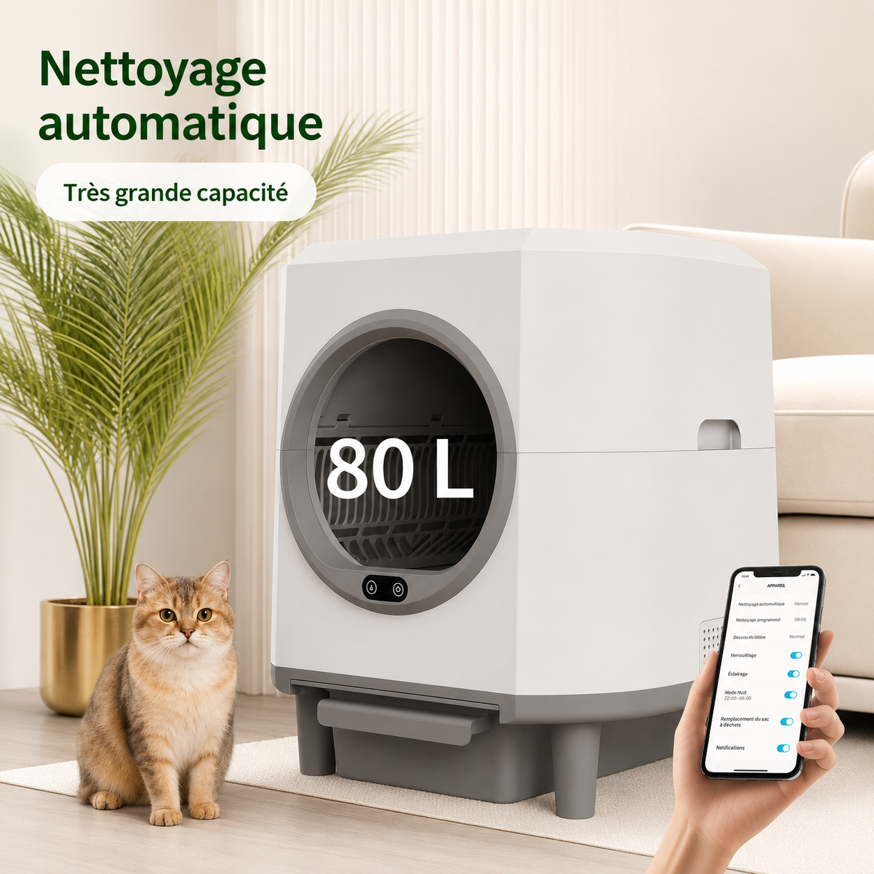 Litière Automatique Intelligente 80L – Auto-Nettoyante, Grande Capacité et Contrôle Intelligent