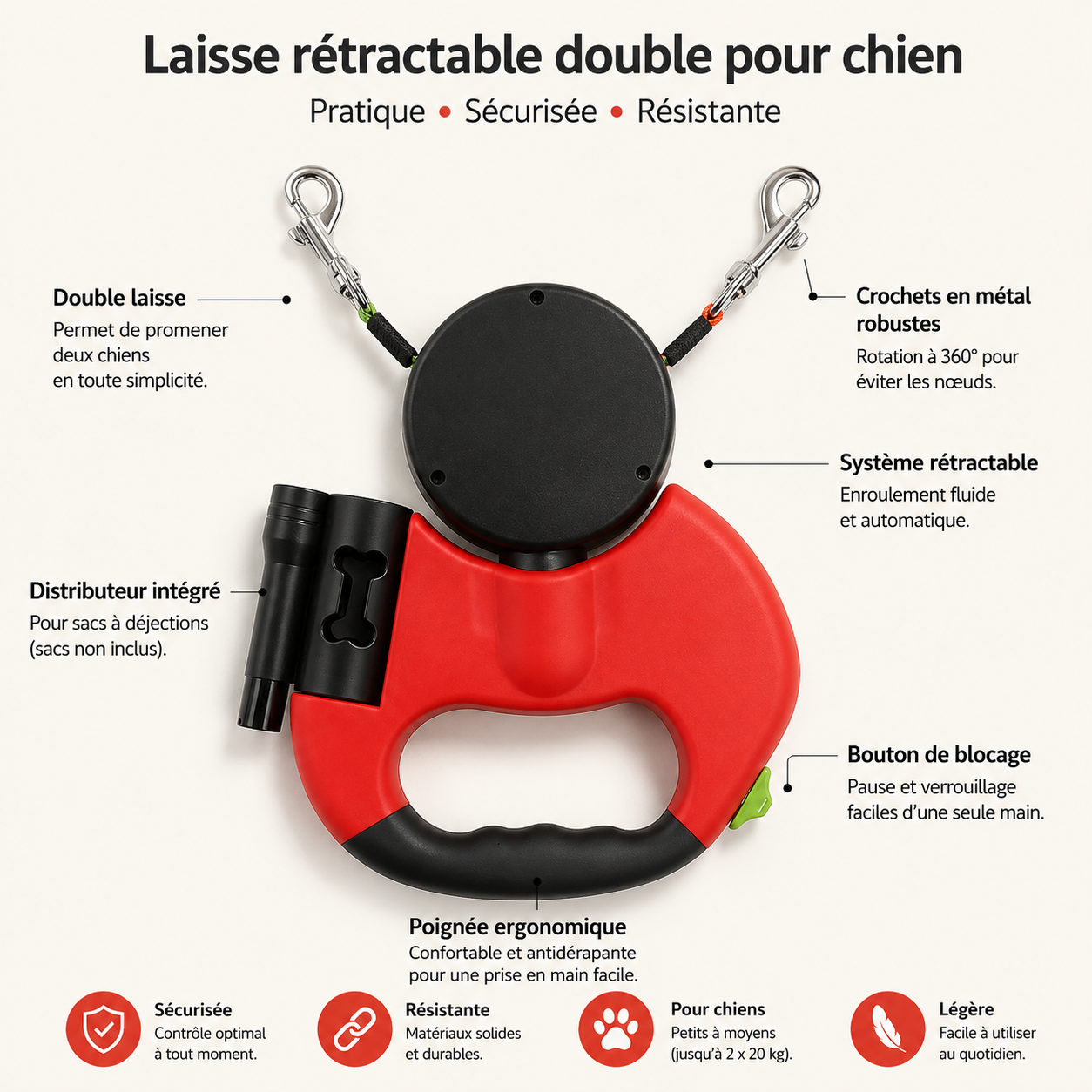 Laisse Double Rétractable Lumineuse pour Deux Chiens – Anti-Enchevêtrement